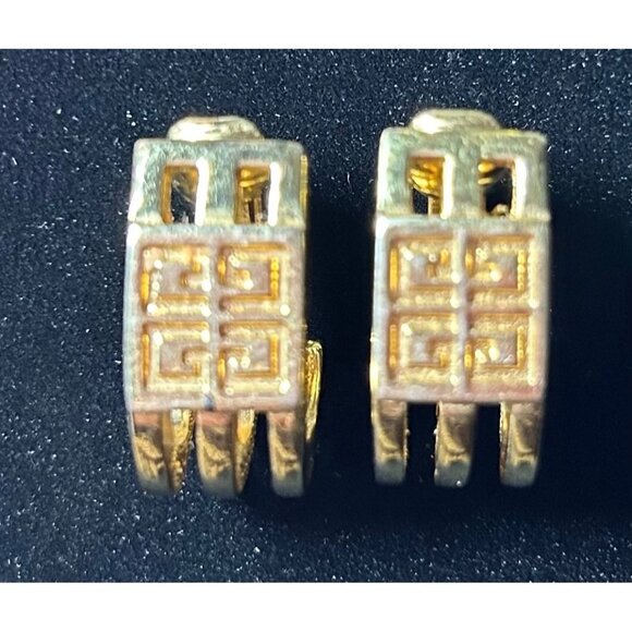 Vintage Givenchy Gold-Tone Greek Key Clip-On Earrings Elegant Old Money - Picture 2 of 10
